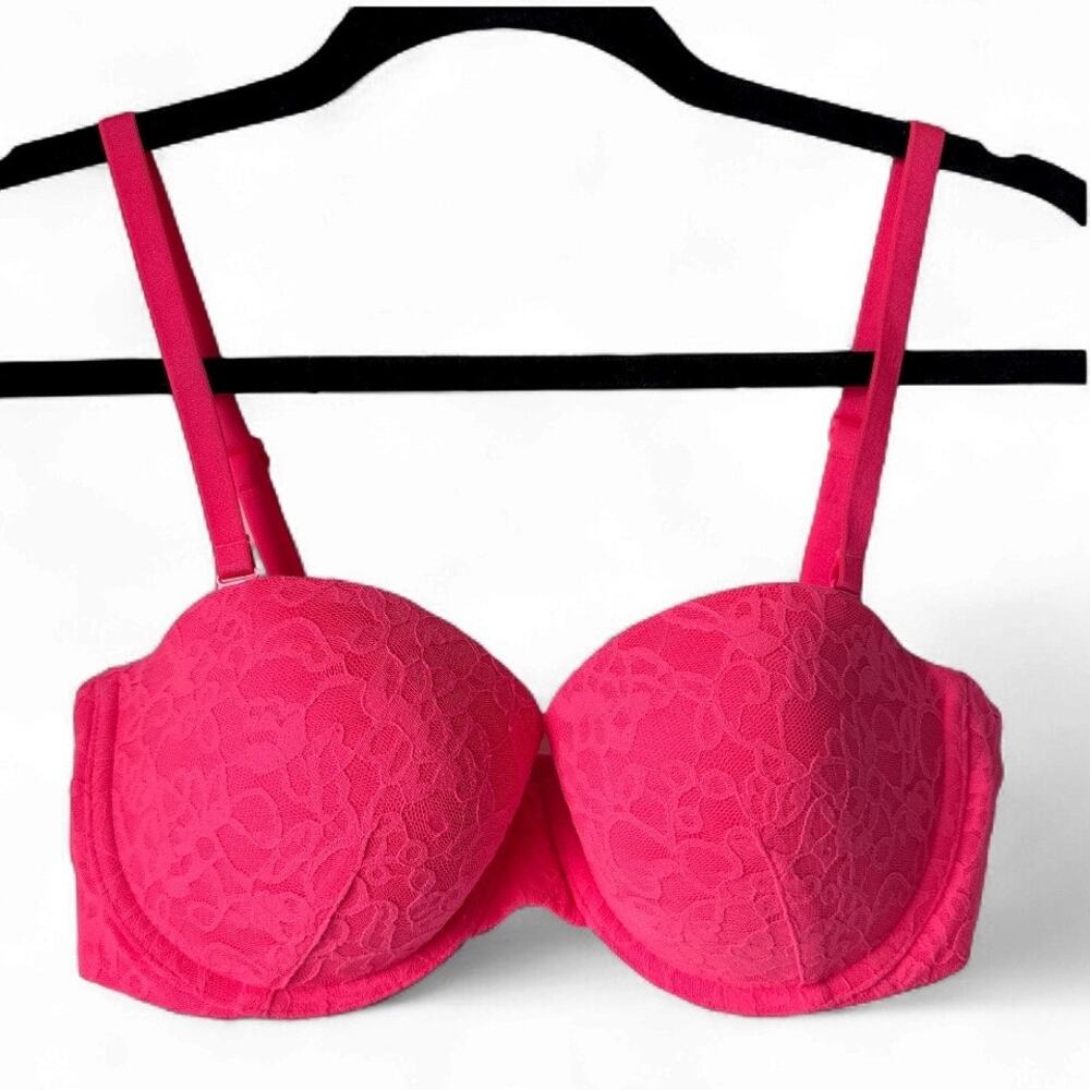 Victoria's Secret Multi-Way Bra 36C Lace Hot Pink Padding Non-Slip Flirty‎
